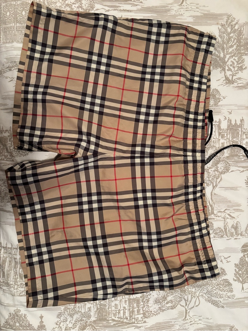 Burberry Beige Plaid Drawstring Swim Trunks